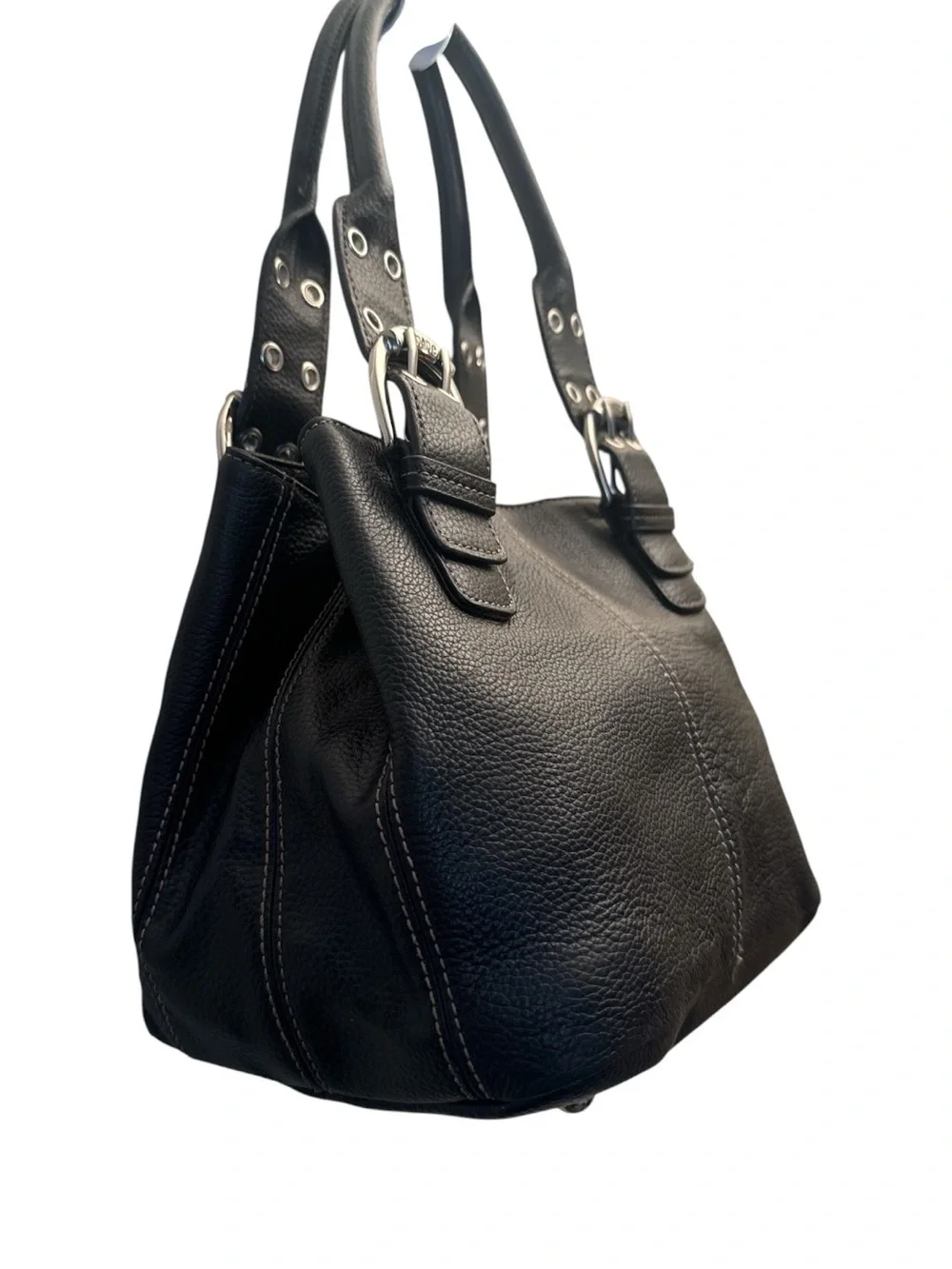 Tignanello Black Pebbled Leather Shoulder Bag with Buckle Straps